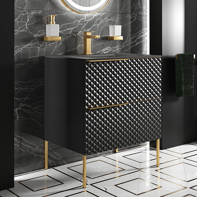 Elvia 600mm Black Vanity Unit with Black Basin, Gold Handles & Legs
