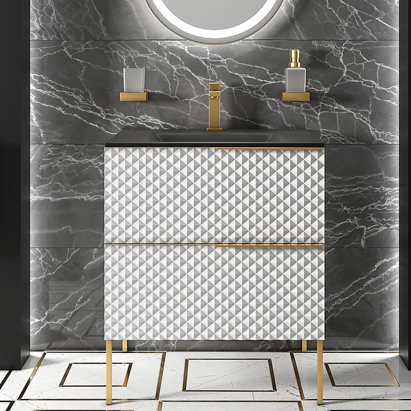 Elvia 600mm White Vanity Unit with Black Basin, Gold Handles & Legs