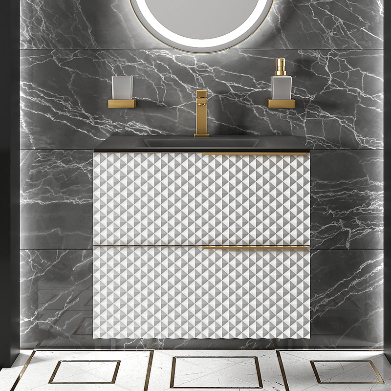 Elvia 600mm White Vanity Unit with Black Basin, Gold Handles (No Legs)