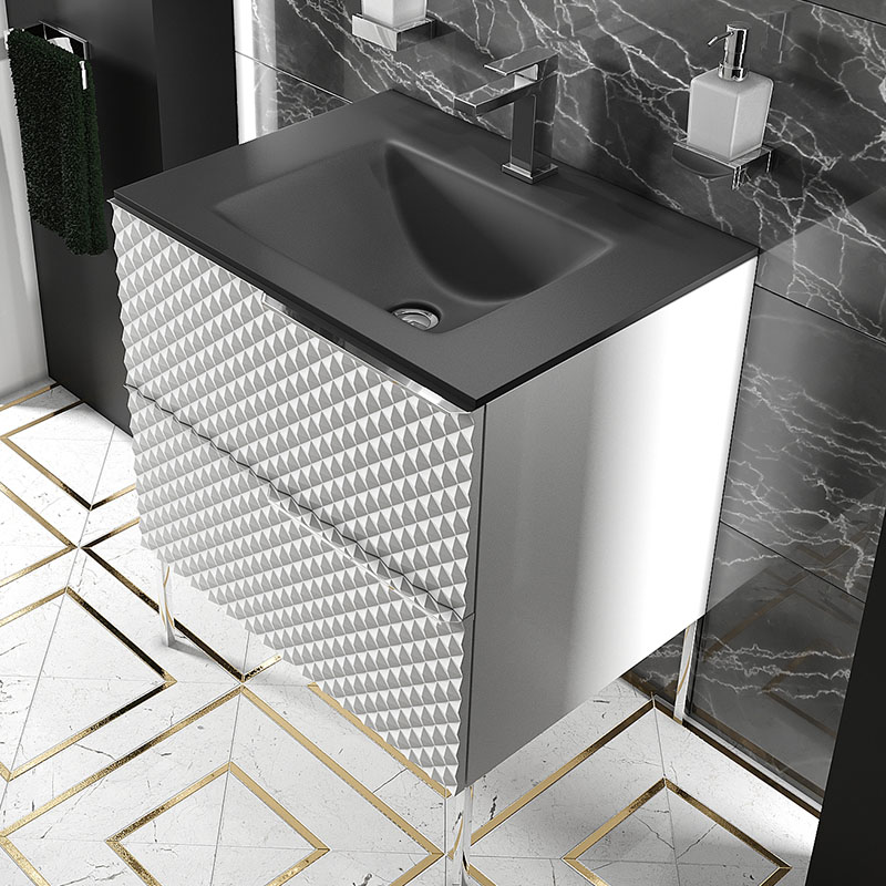 Elvia 600mm White Vanity Unit with Black Basin, Chrome Handles & Legs