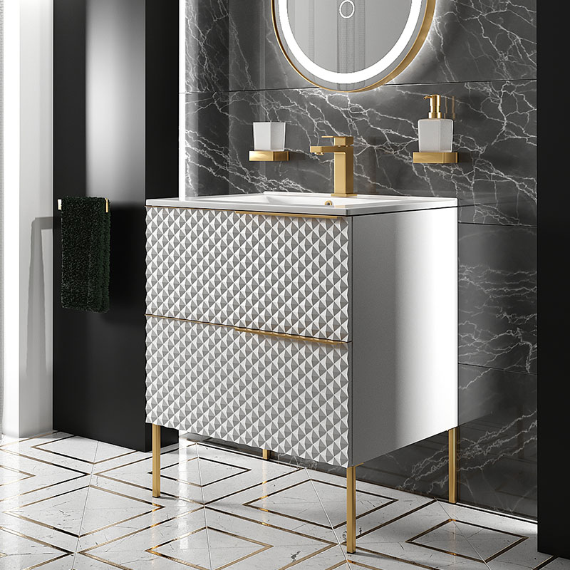 Elvia 600mm White Vanity Unit with White Basin, Gold Handles & Legs