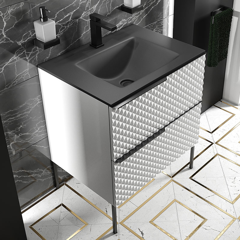 Elvia 600mm White Vanity Unit with Black Basin, Black Handles & Legs