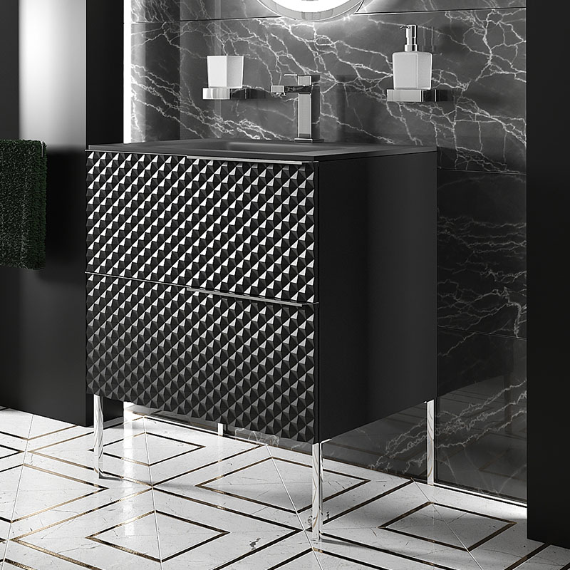 Elvia 600mm Black Vanity Unit with Black Basin, Chrome Handles & Legs
