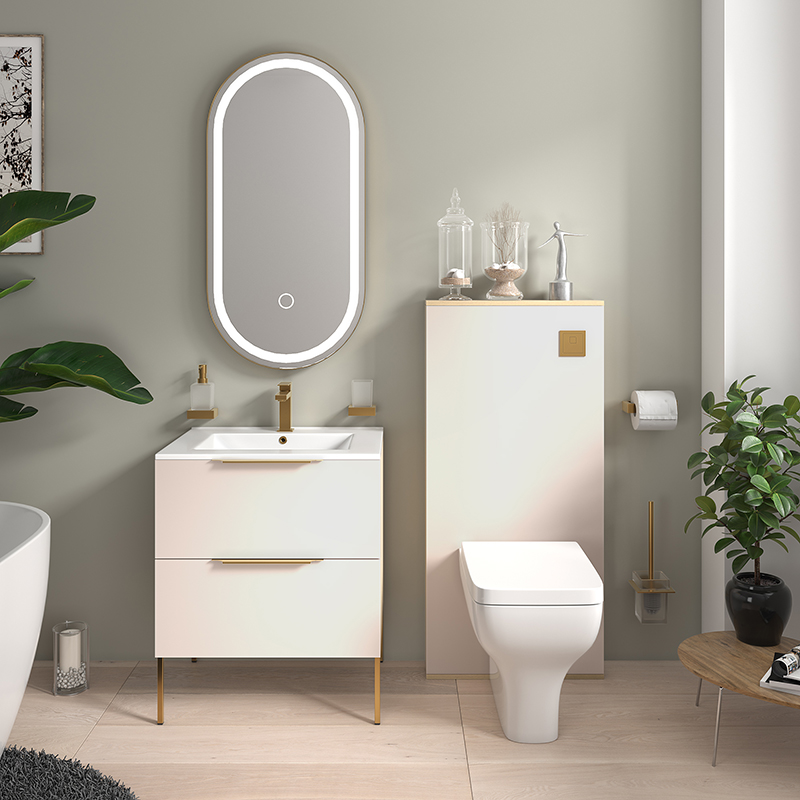 Alani Sand Vanity with WC Unit, Toilet & Cistern | Handles, Legs & Flushbutton in Gold