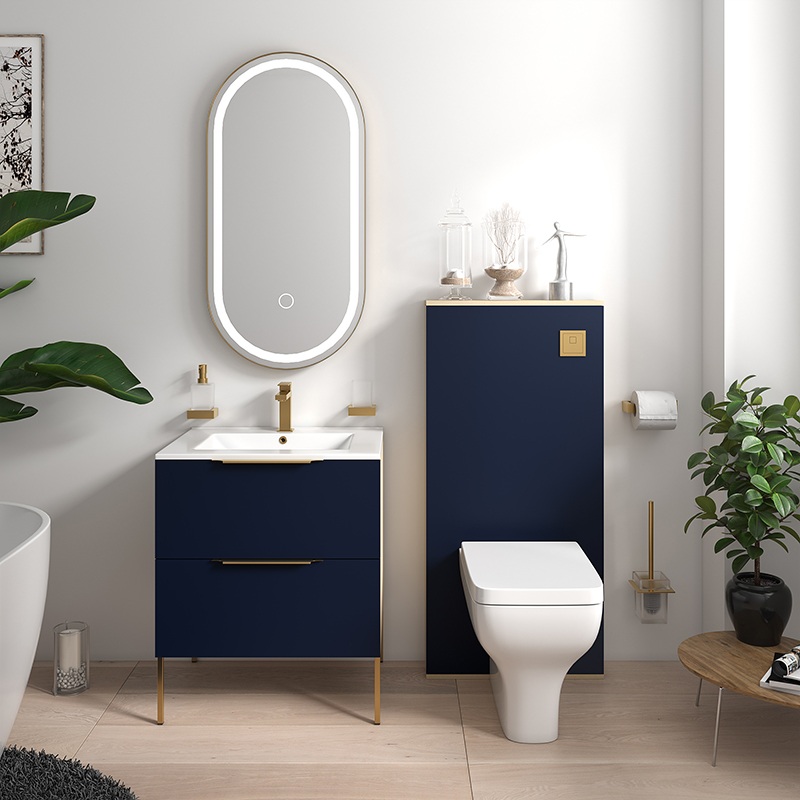Alani Navy Blue Vanity with WC Unit, Toilet & Cistern | Handles, Legs & Flushbutton in Gold