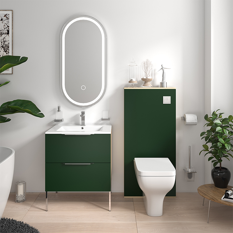 Alani Green Vanity with WC Unit, Toilet & Cistern | Handles, Legs & Flushbutton in Chrome