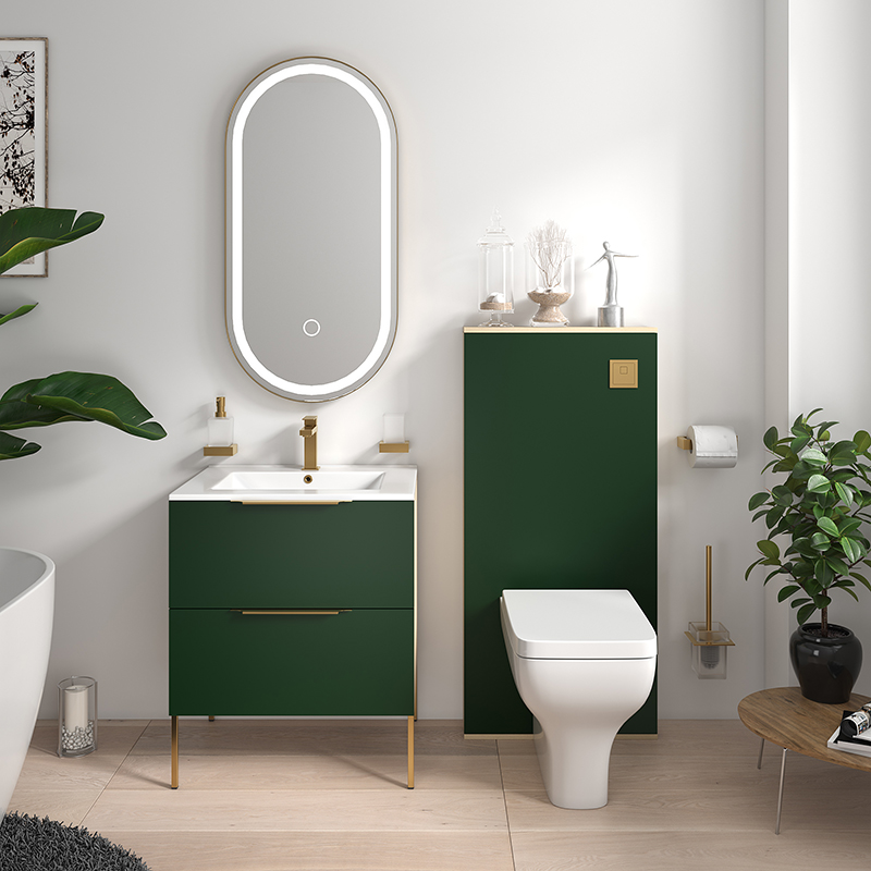 Alani Green Vanity with WC Unit, Toilet & Cistern | Handles, Legs & Flushbutton in Gold