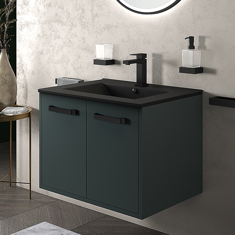 Celeste Green Wall Unit with Black Basin | Black Handles | Mono Tap & Waste in Black