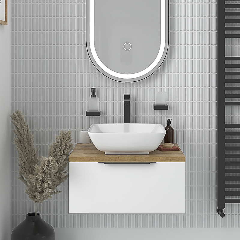 White Vanity Unit with Oak Worktop | Black Handles, Tap & Waste