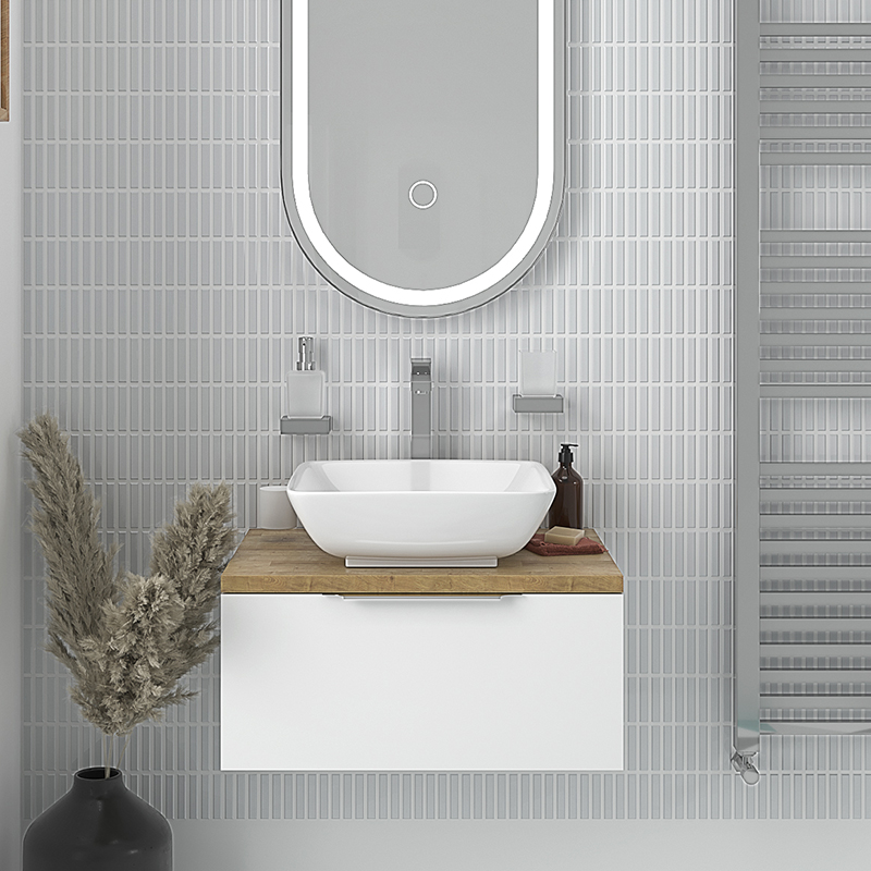 White Vanity Unit with Oak Worktop | Chrome Handles, Tap & Waste