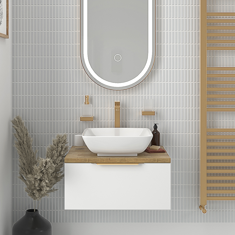 White Vanity Unit with Oak Worktop | Gold Handles, Tap & Waste