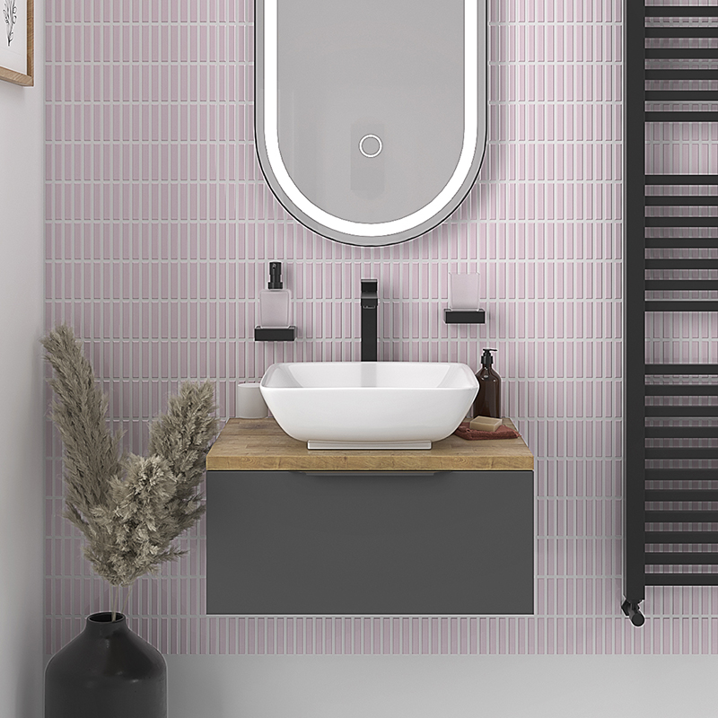 Grey Vanity Unit with Oak Worktop | Black Handles, Tap & Waste