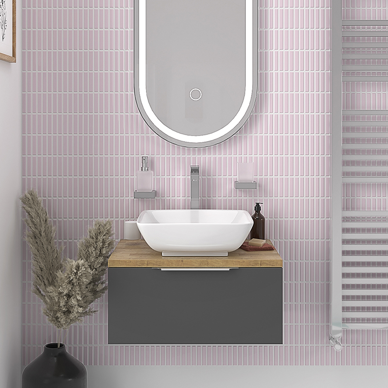 Grey Vanity Unit with Oak Worktop | Chrome Handles, Tap & Waste