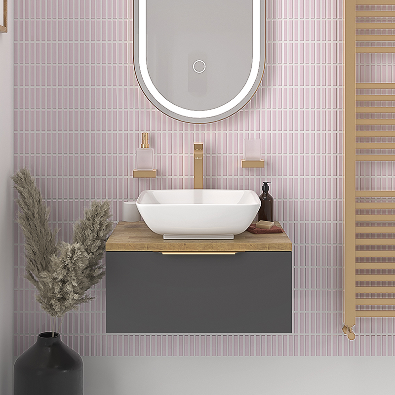 Grey Vanity Unit with Oak Worktop | Gold Handles, Tap & Waste