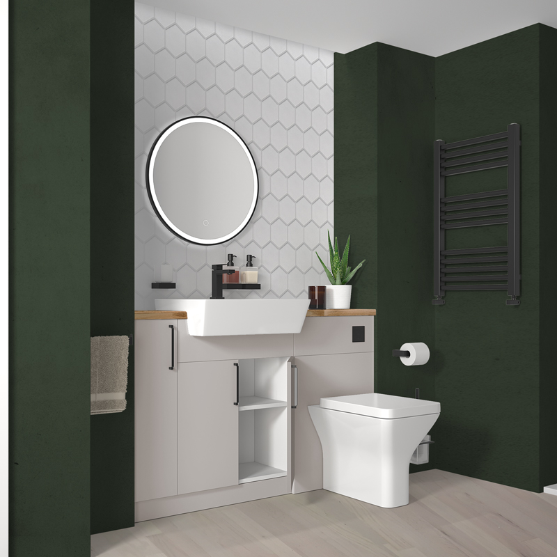 Oliver Cashmere Fitted Suite | Black Handles, Basin Tap, Waste & Flush Button