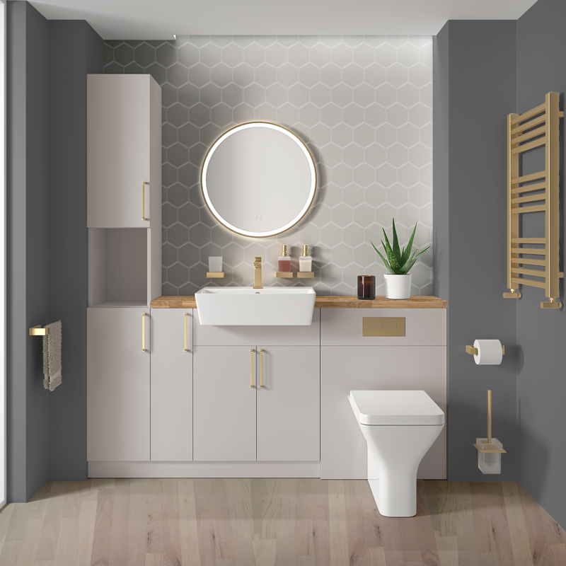 Oliver Cashmere Fitted Tallboy Suite | Gold Handles, Basin Tap, Waste, Cistern & Flush Plate