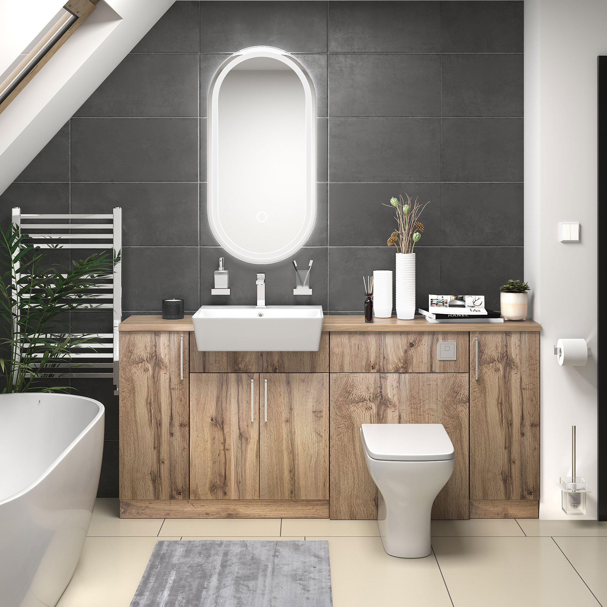 Oliver Oak Fitted Suite | Solid Oak Worktop | Chrome Handles, Basin Tap, Waste, Cistern & Flush Plate