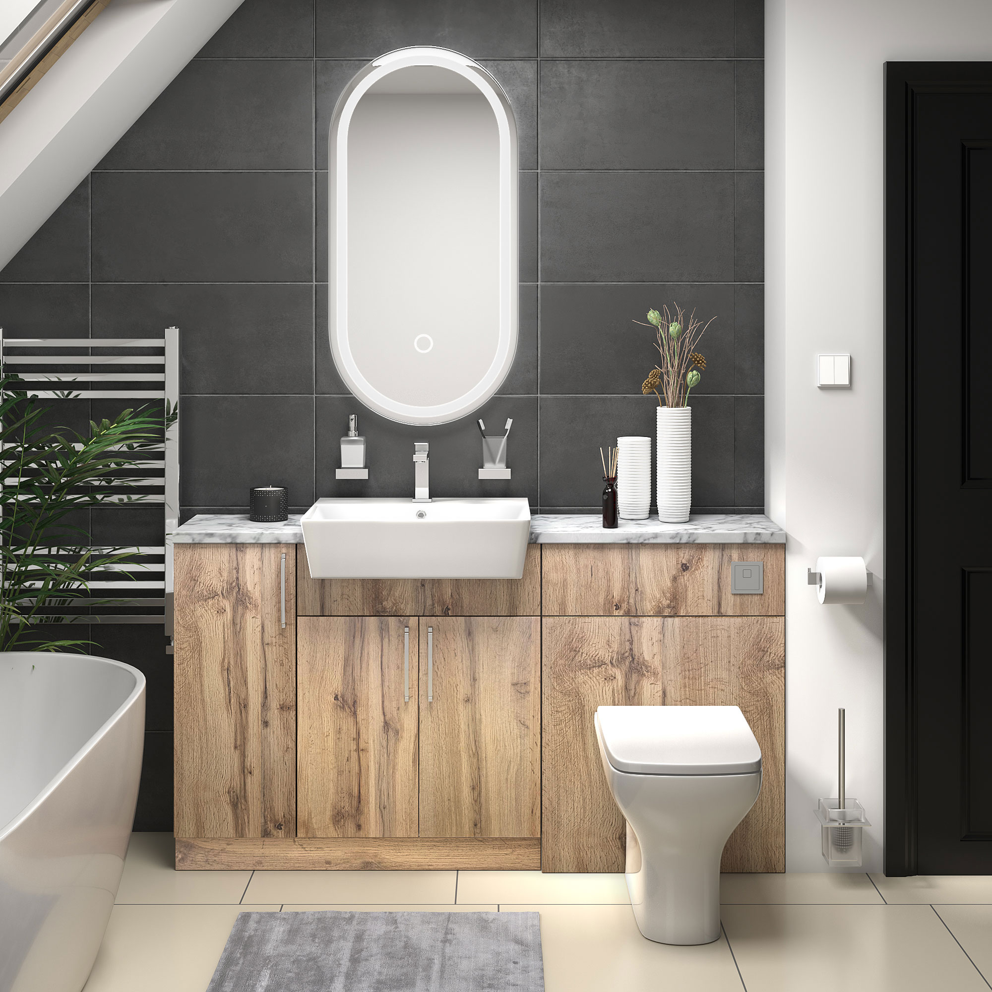 Oliver Oak Fitted Suite | White Marble Countertop | Chrome Handles, Basin Tap, Waste, Cistern & Flush Plate