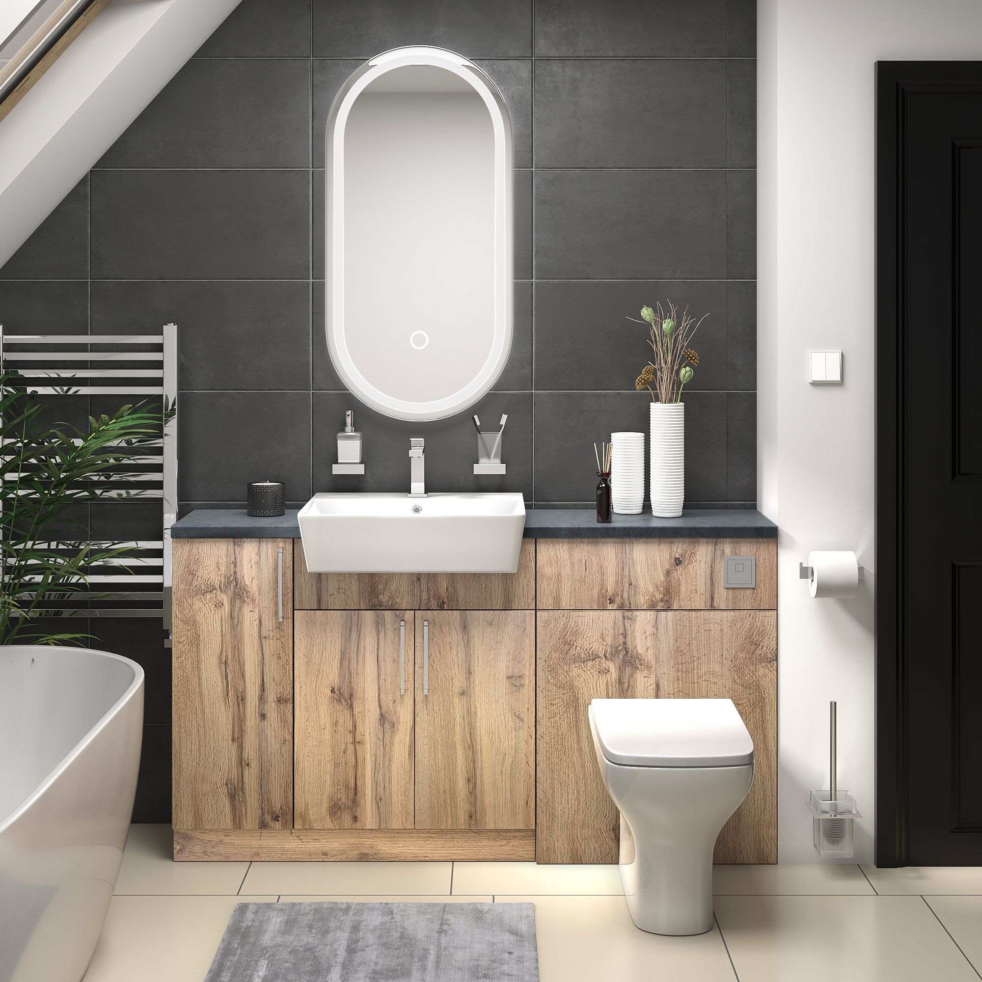 Oliver Oak Fitted Suite | Slate Grey Countertop | Chrome Handles, Basin Tap, Waste, Cistern & Flush Plate