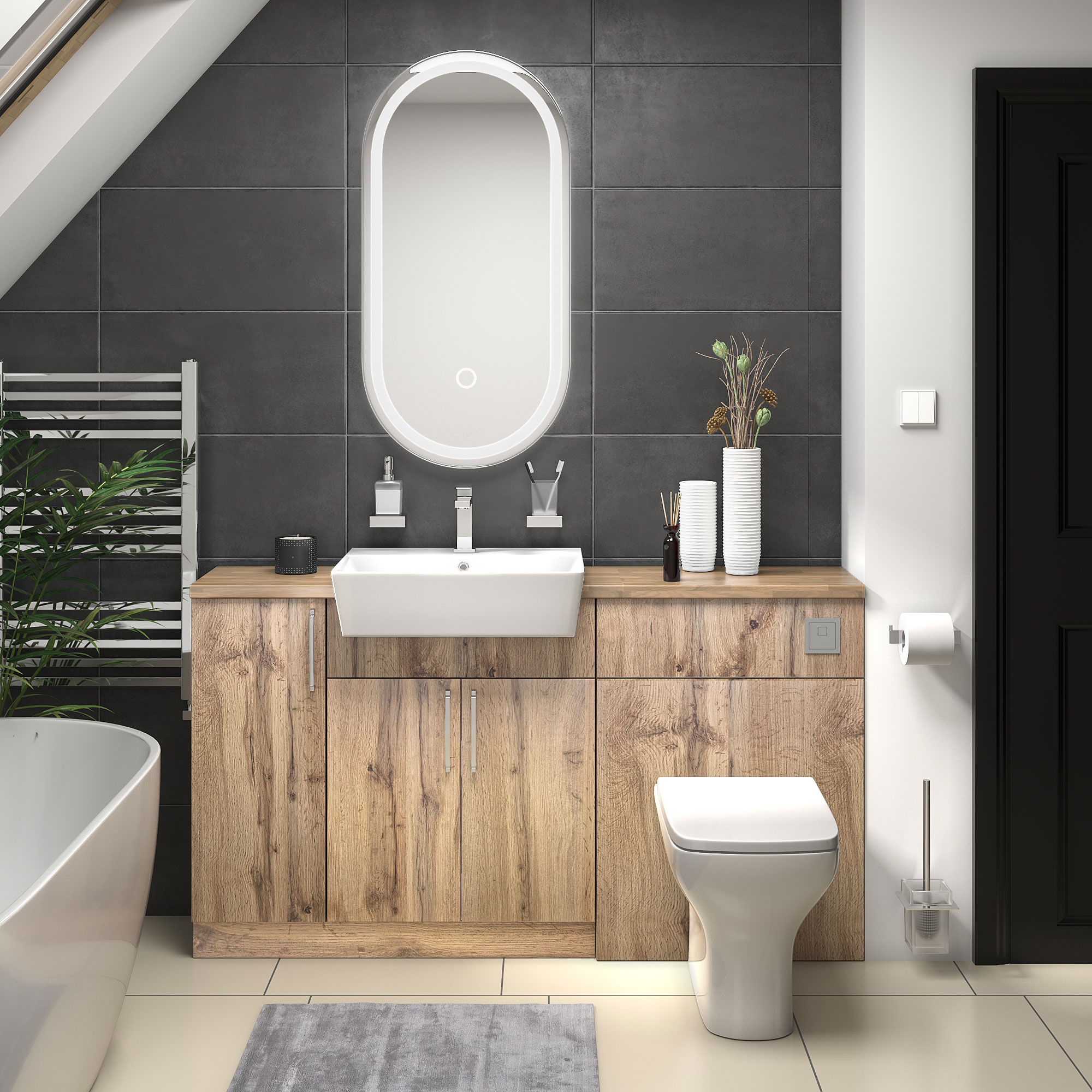 Oliver Oak Fitted Suite | Solid Oak Worktop | Chrome Handles, Basin Tap, Waste, Cistern & Flush Plate