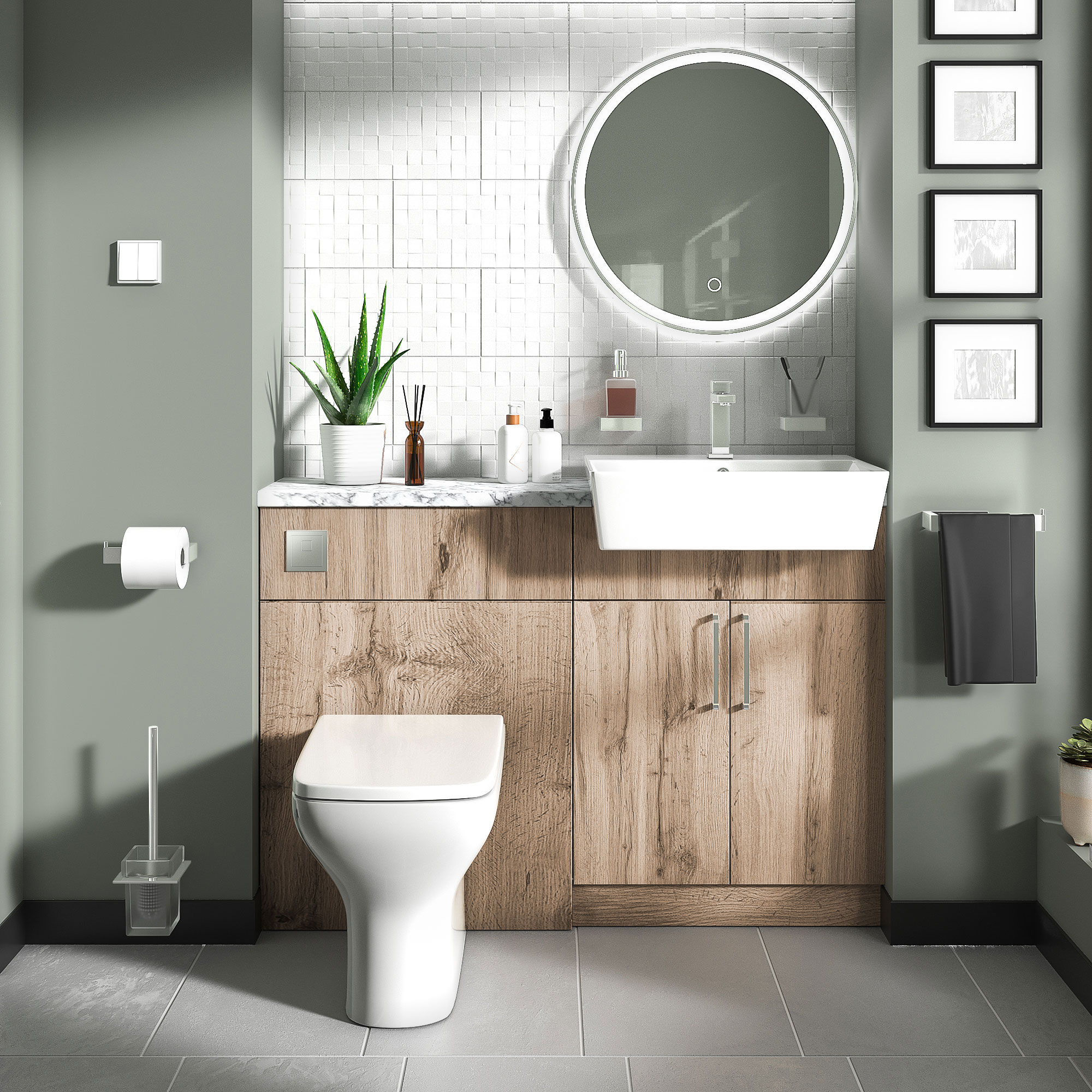 Oliver Oak Fitted Suite | White Marble Countertop | Chrome Handles, Basin Tap & Waste