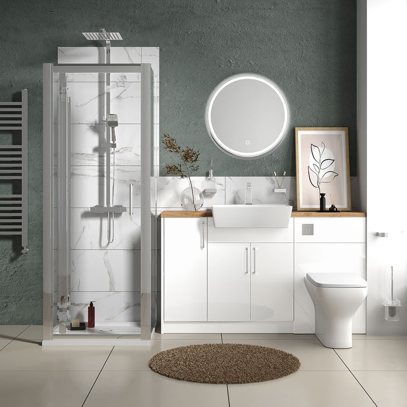 Oliver White Fitted Suite | Solid Oak Countertop | Black Handles, Basin Tap & Waste