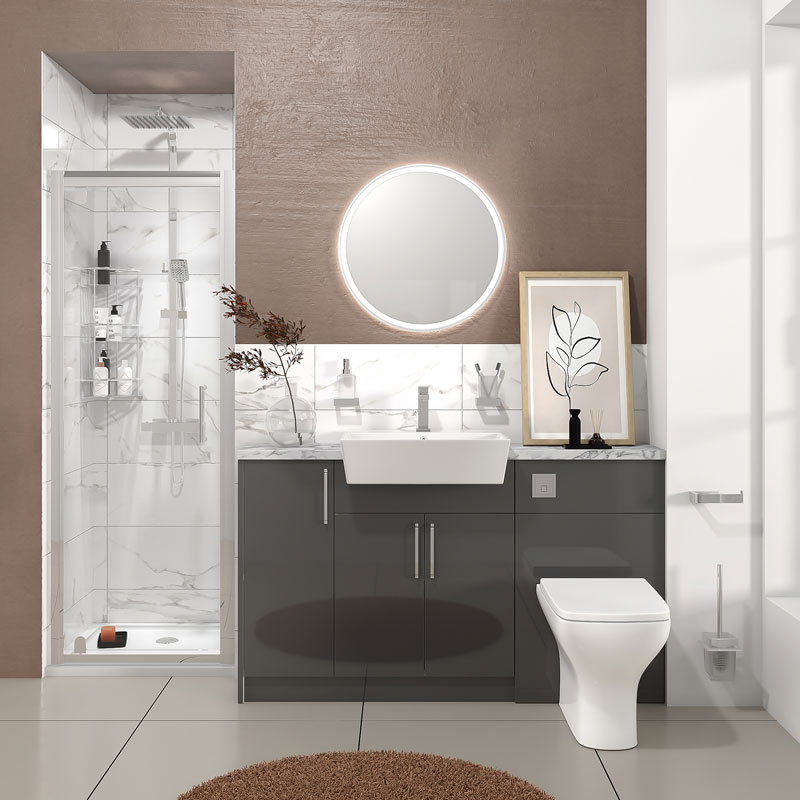 Oliver Anthracite Fitted Suite | White Marble Countertop | Chrome Handles, Basin Tap & Waste