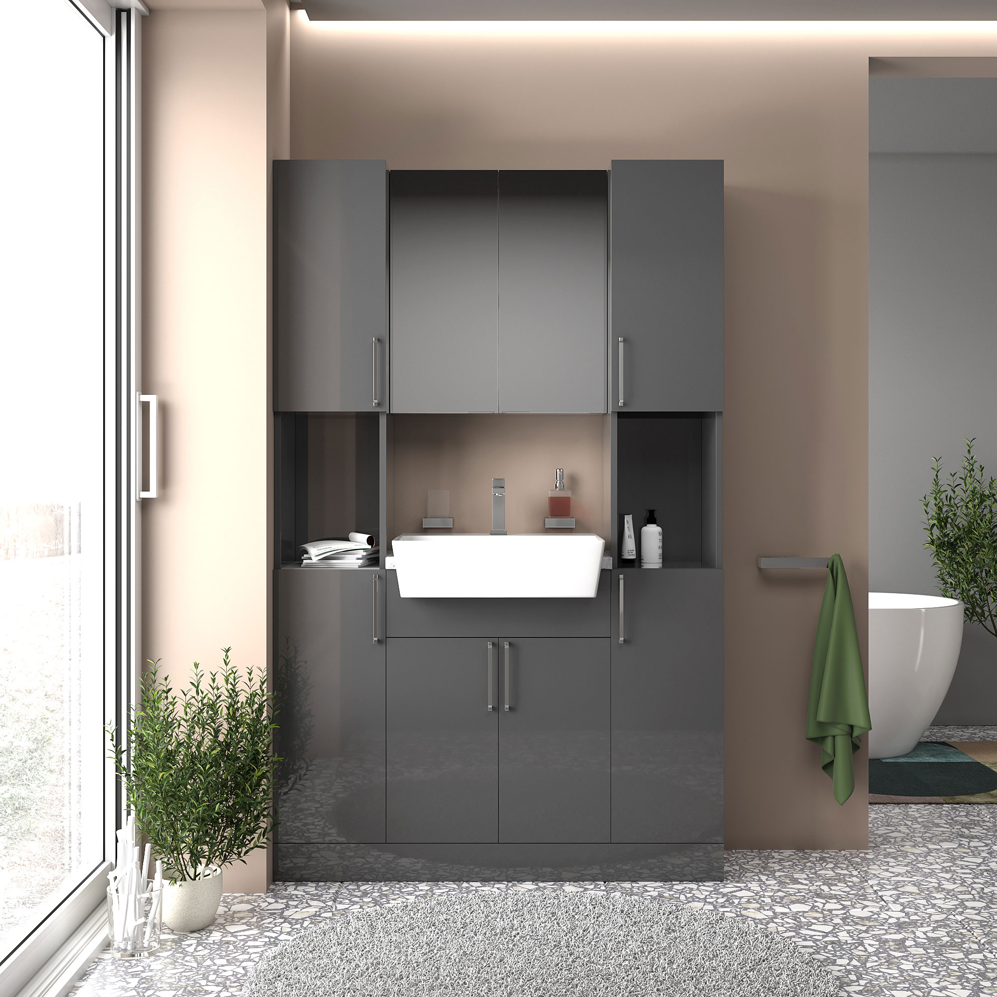 Oliver 1200mm Vanity Unit with Tallboys Combo | White Marble Worktop | Basin Tap & Waste