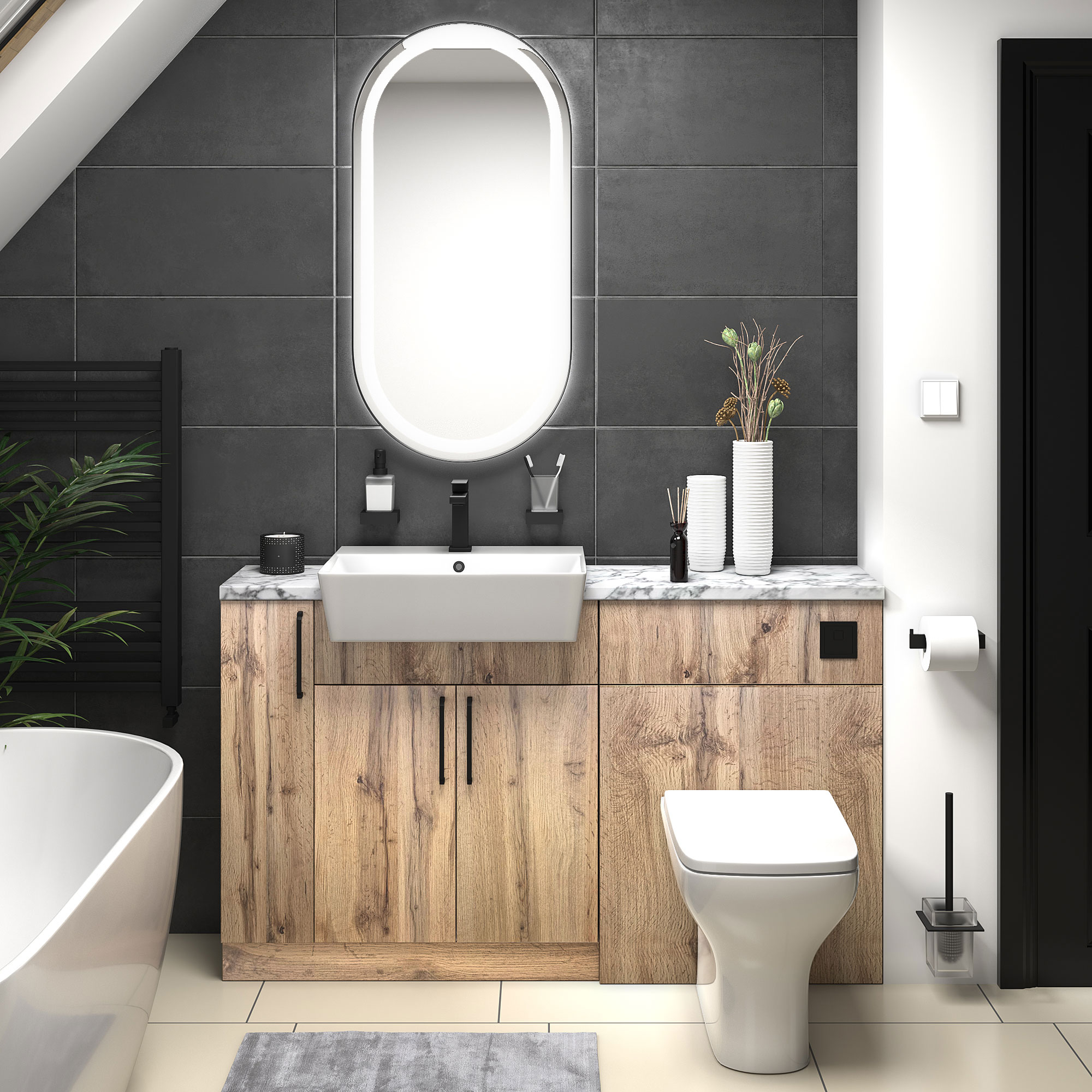 Oliver Oak Fitted Suite | White Marble Countertop | Black Handles, Basin Tap, Waste, Cistern & Flush Plate