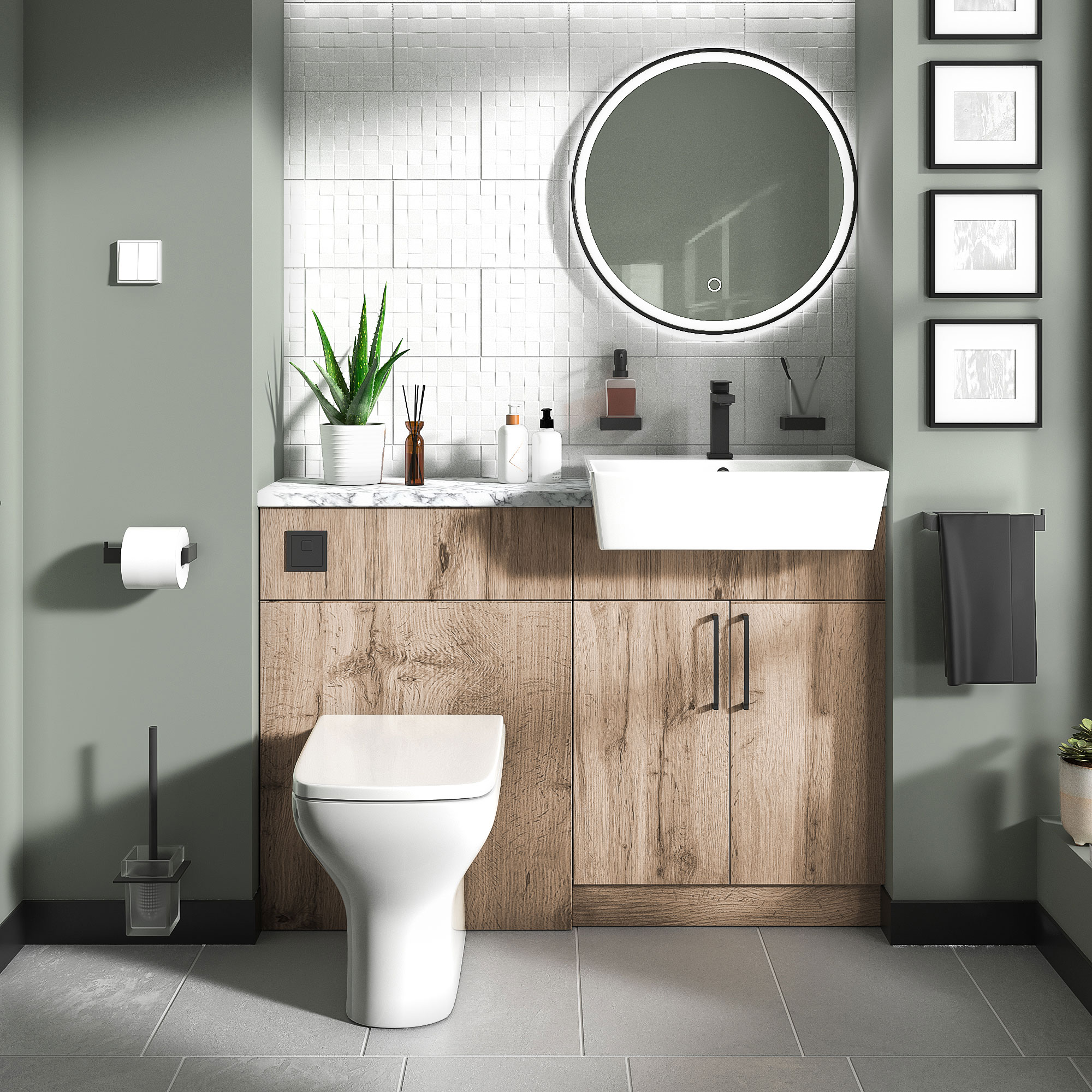 Oliver Oak Fitted Suite | White Marble Countertop | Black Handles, Basin Tap & Waste
