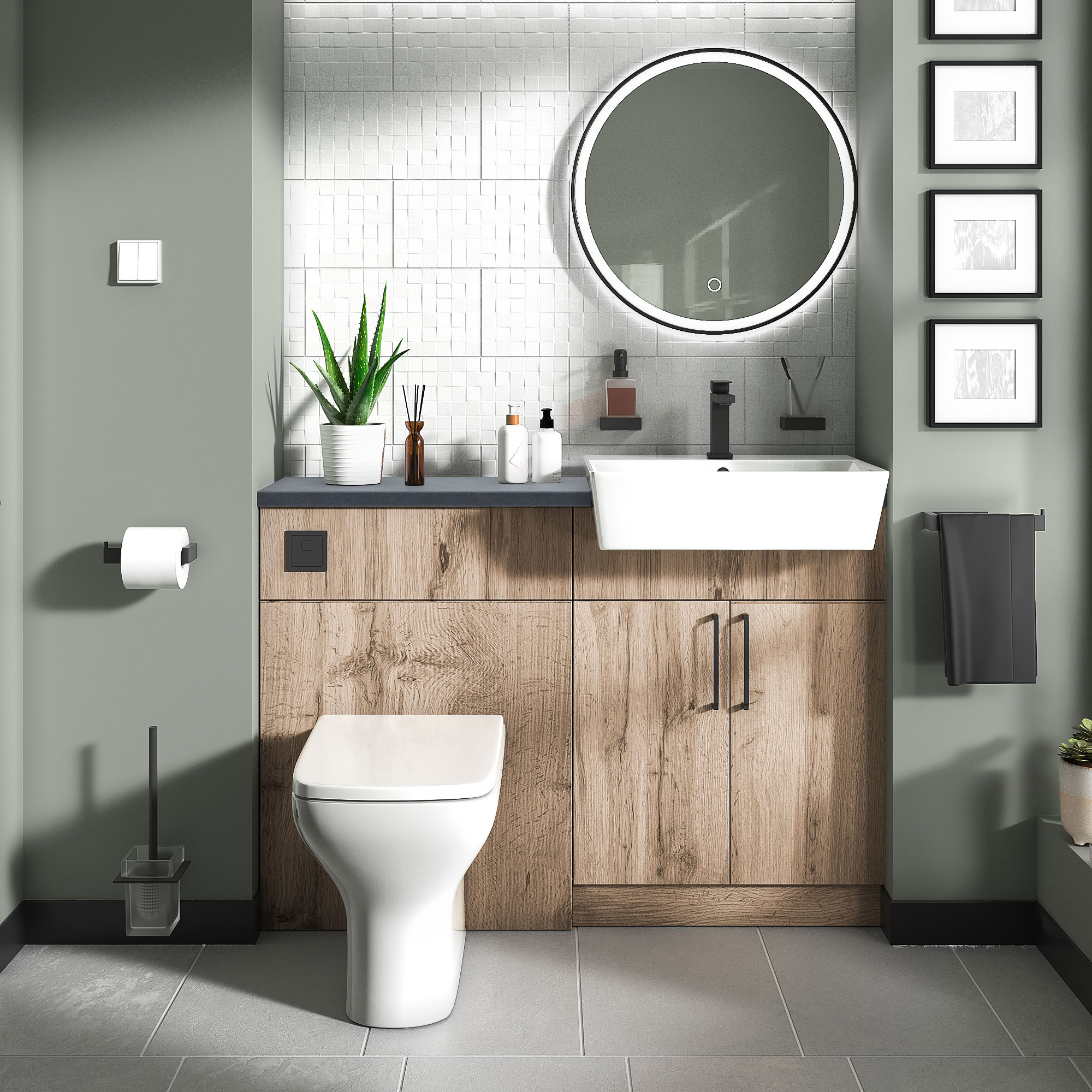 Oliver Oak Fitted Suite | Slate Grey Countertop | Black Handles, Basin Tap & Waste