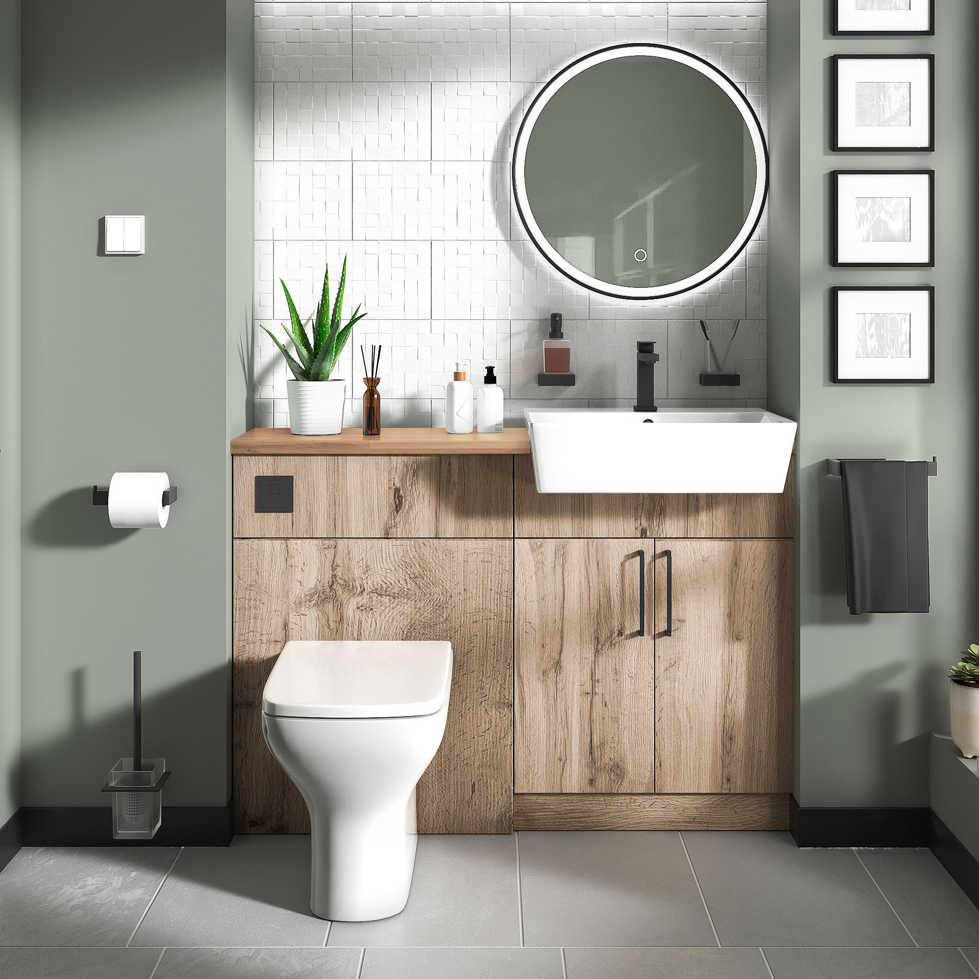 Oliver Oak Fitted Suite | Solid Oak Worktop | Black Handles, Basin Tap & Waste