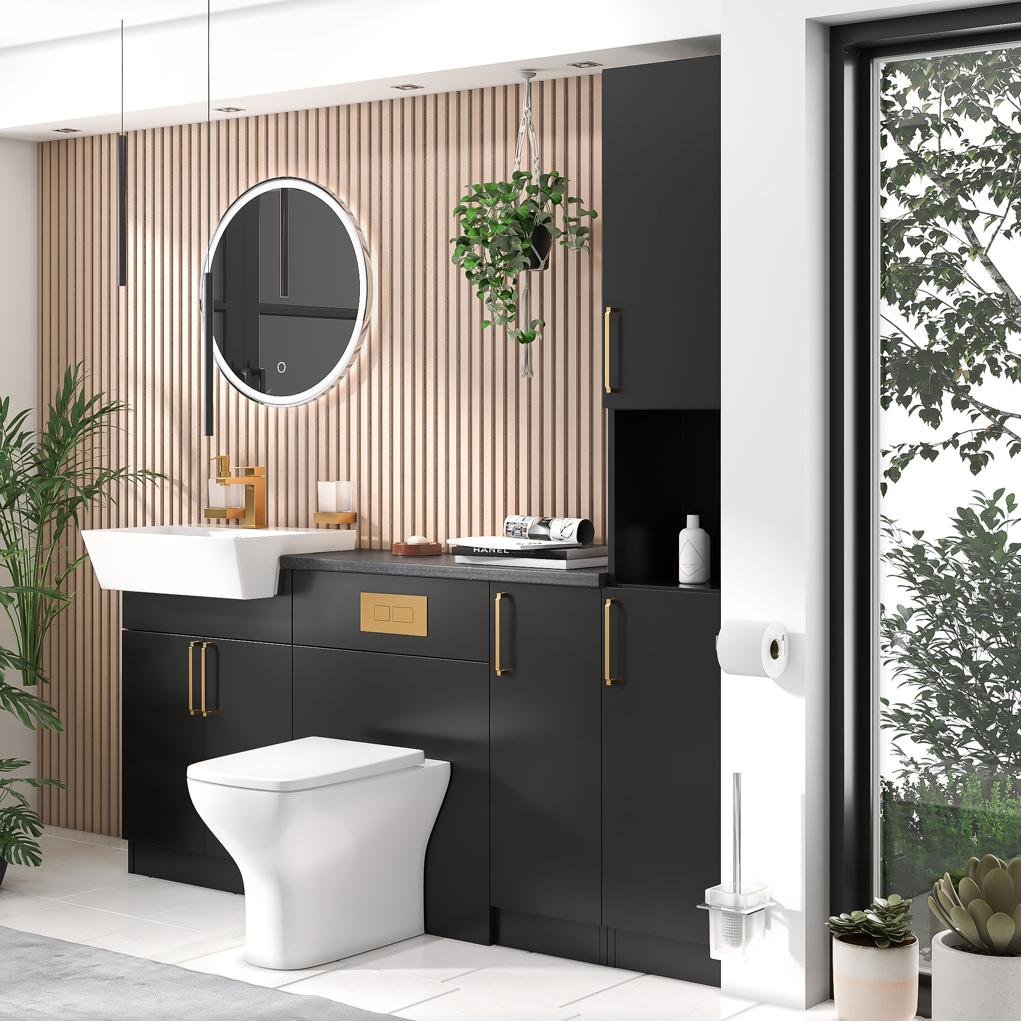 Oliver Matt Black Fitted Suite | Slate Grey Countertop | Gold Handles, Basin Tap, Waste, Cistern & Flush Plate