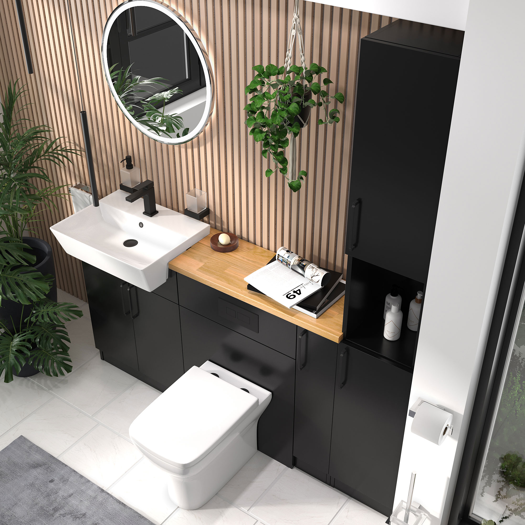 Oliver Matt Black Fitted Tallboy Suite | Solid Oak Worktop | Black Handles, Basin Tap, Waste, Cistern & Flush Plate