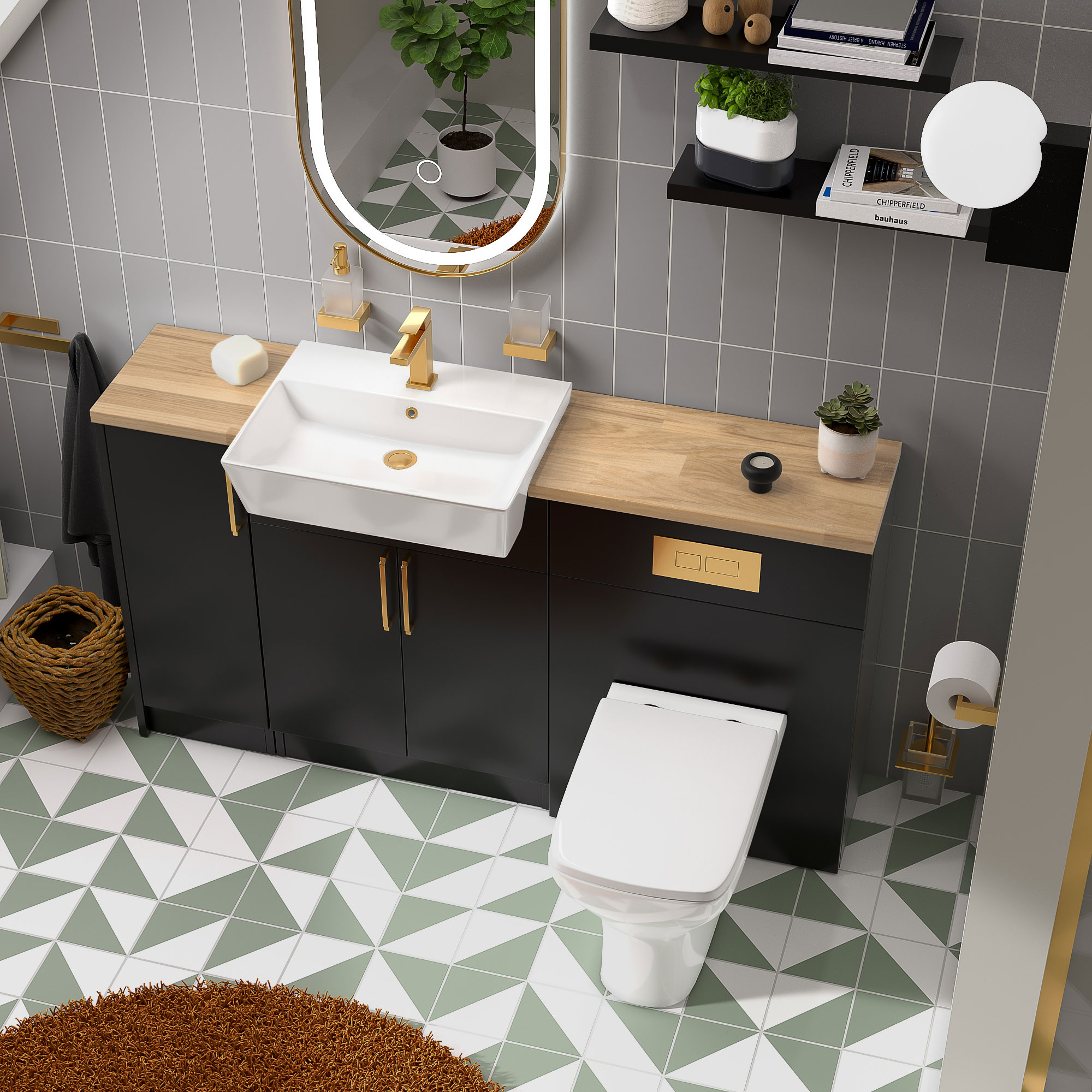 Oliver Matt Black Fitted Suite | Solid Oak Worktop | Gold Handles, Basin Tap, Waste, Cistern & Flush Plate
