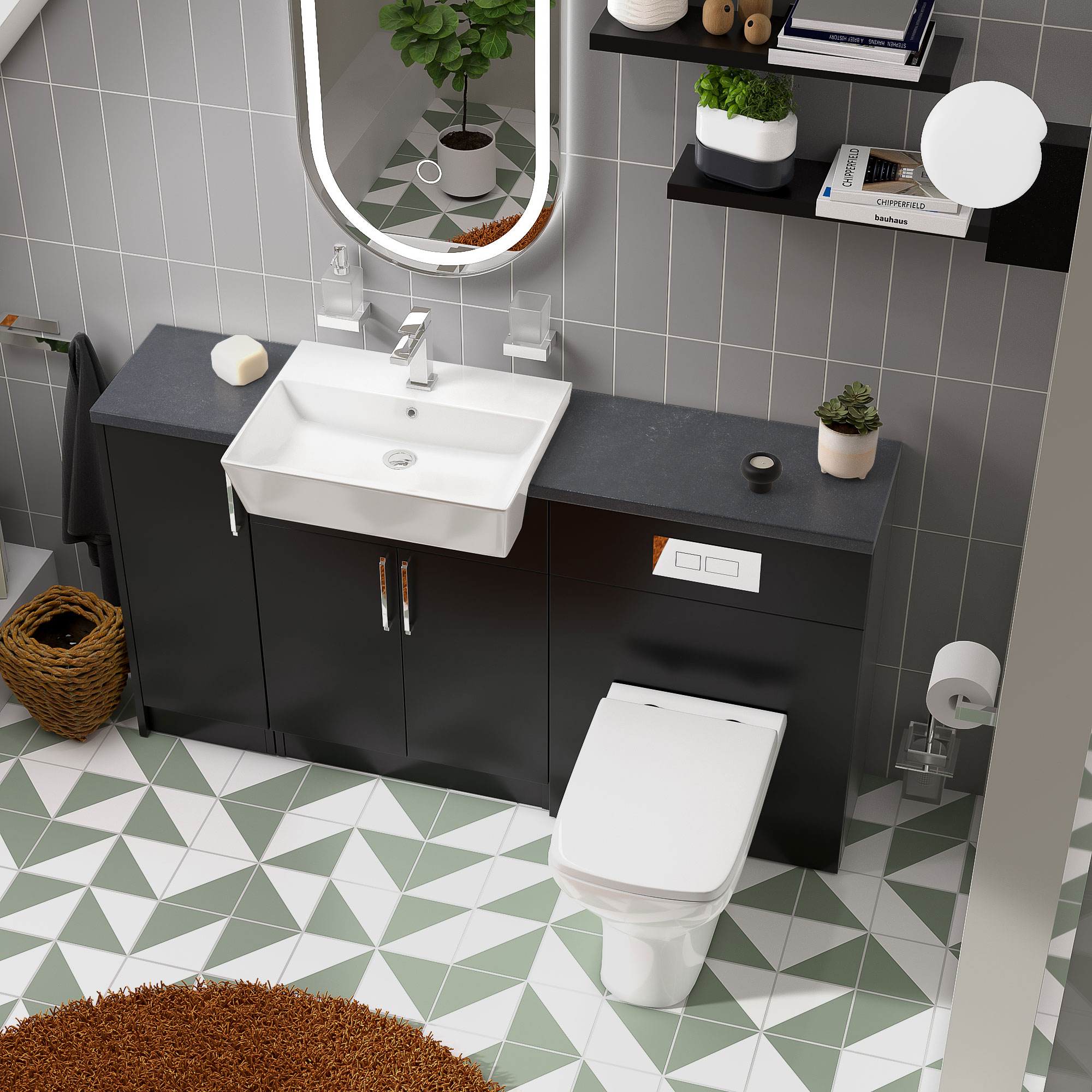 Oliver Matt Black Fitted Suite | Slate Grey Countertop | Chrome Handles, Basin Tap, Waste, Cistern & Flush Plate