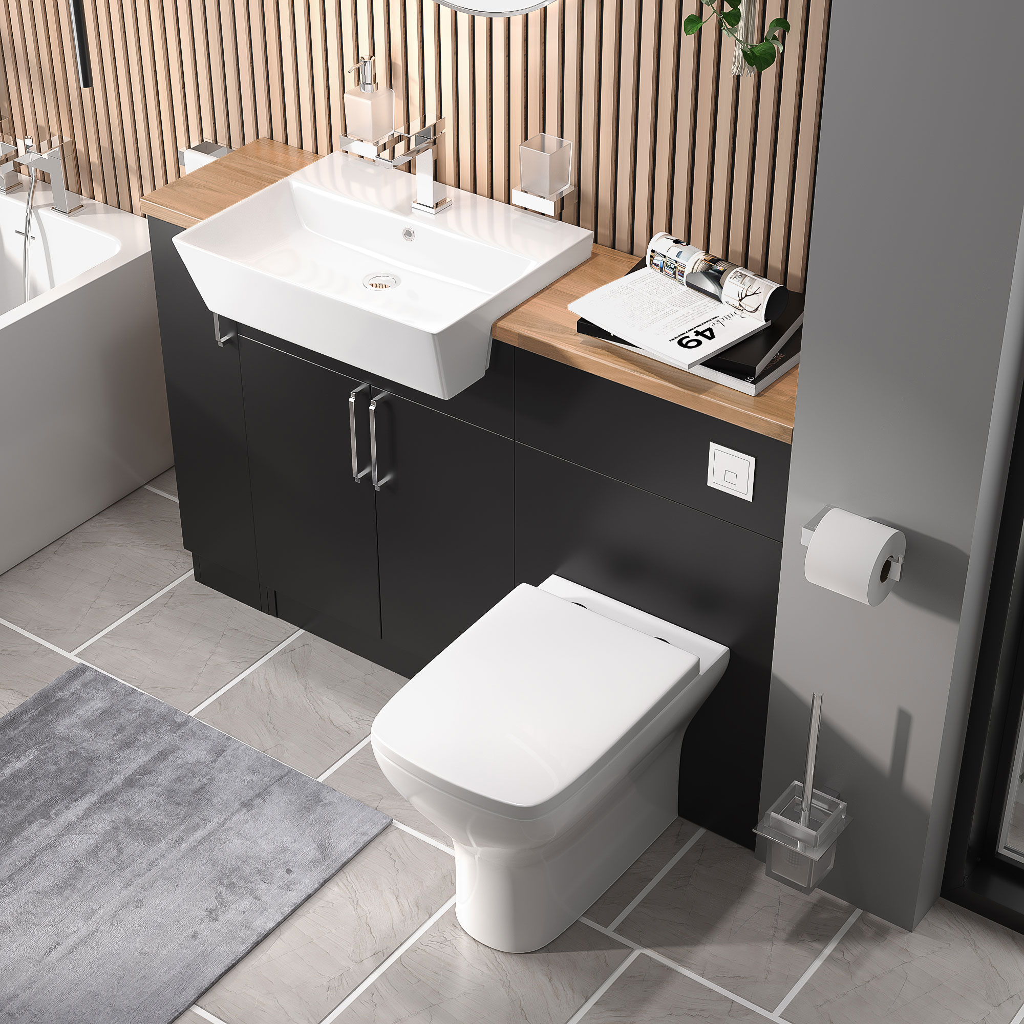 Oliver Matt Black Fitted Suite | Solid Oak Worktop | Chrome Handles, Basin Tap, Waste & Flush Button