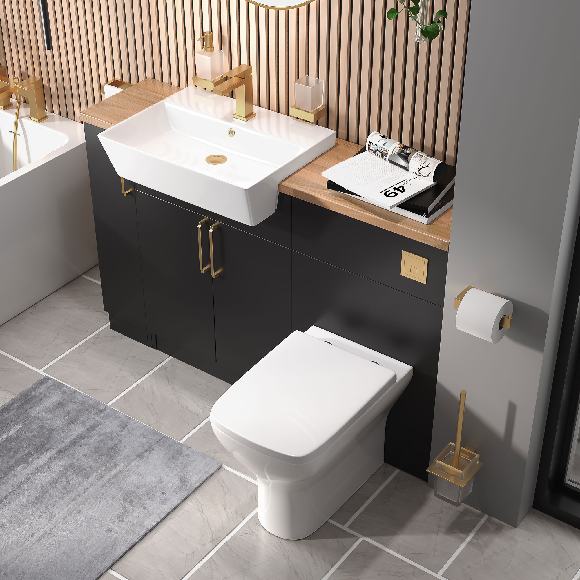 Oliver Matt Black Fitted Suite | Solid Oak Worktop | Gold Handles, Basin Tap, Waste & Flush Button