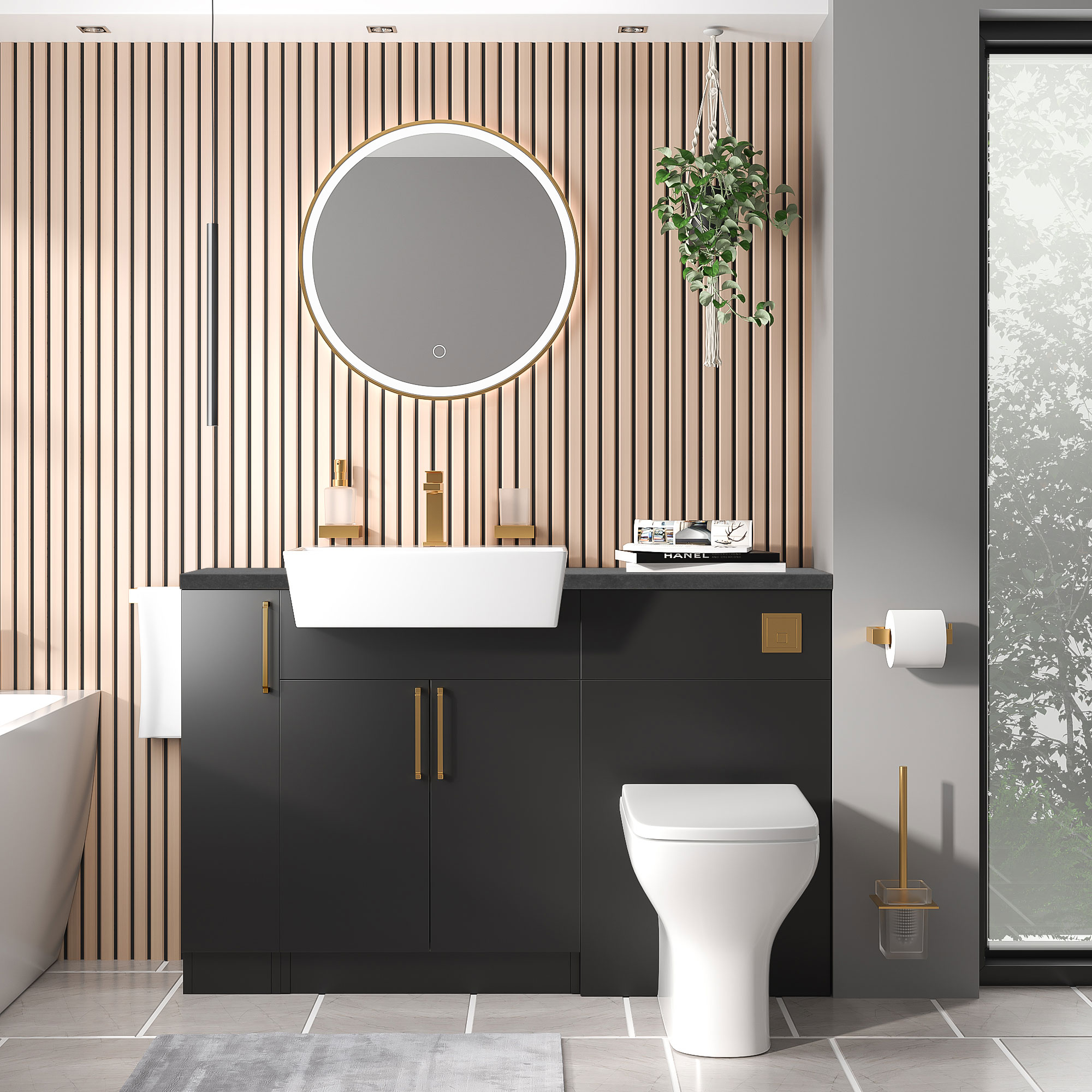 Oliver Matt Black Fitted Suite | Slate Grey Countertop | Gold Handles, Basin Tap, Waste & Flush Button