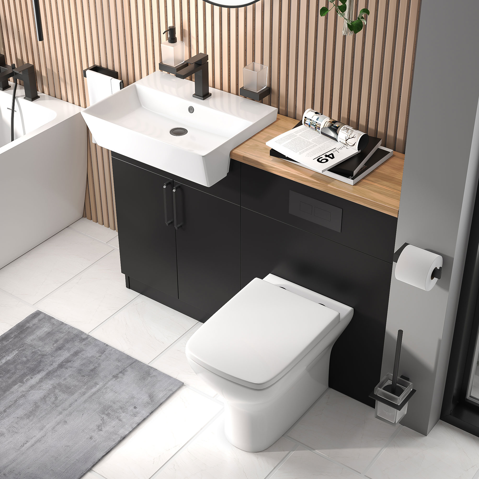 Oliver Matt Black Fitted Suite | Solid Oak Worktop | Black Handles, Basin Tap & Waste