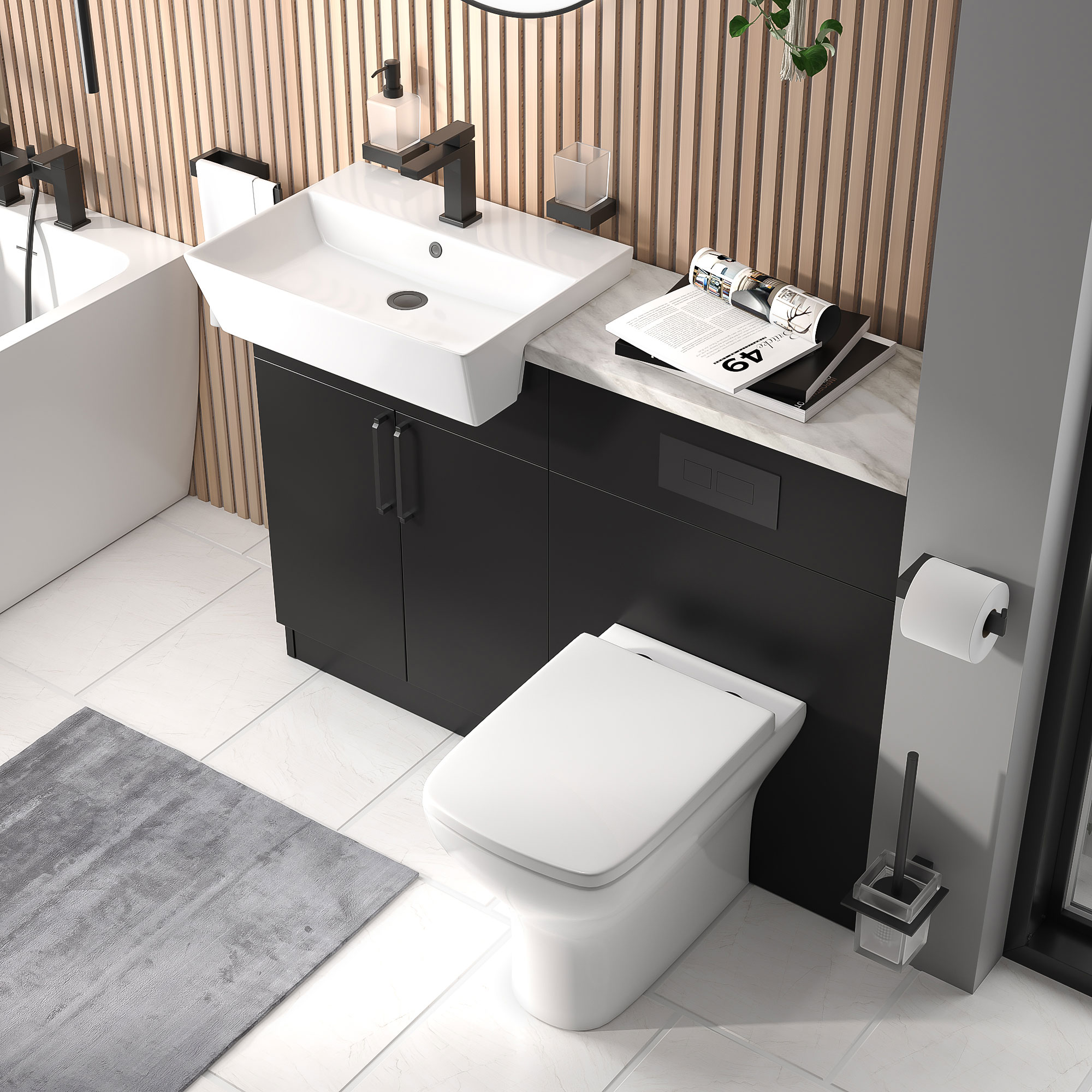 Oliver Matt Black Fitted Suite | White Marble Countertop | Black Handles, Basin Tap & Waste