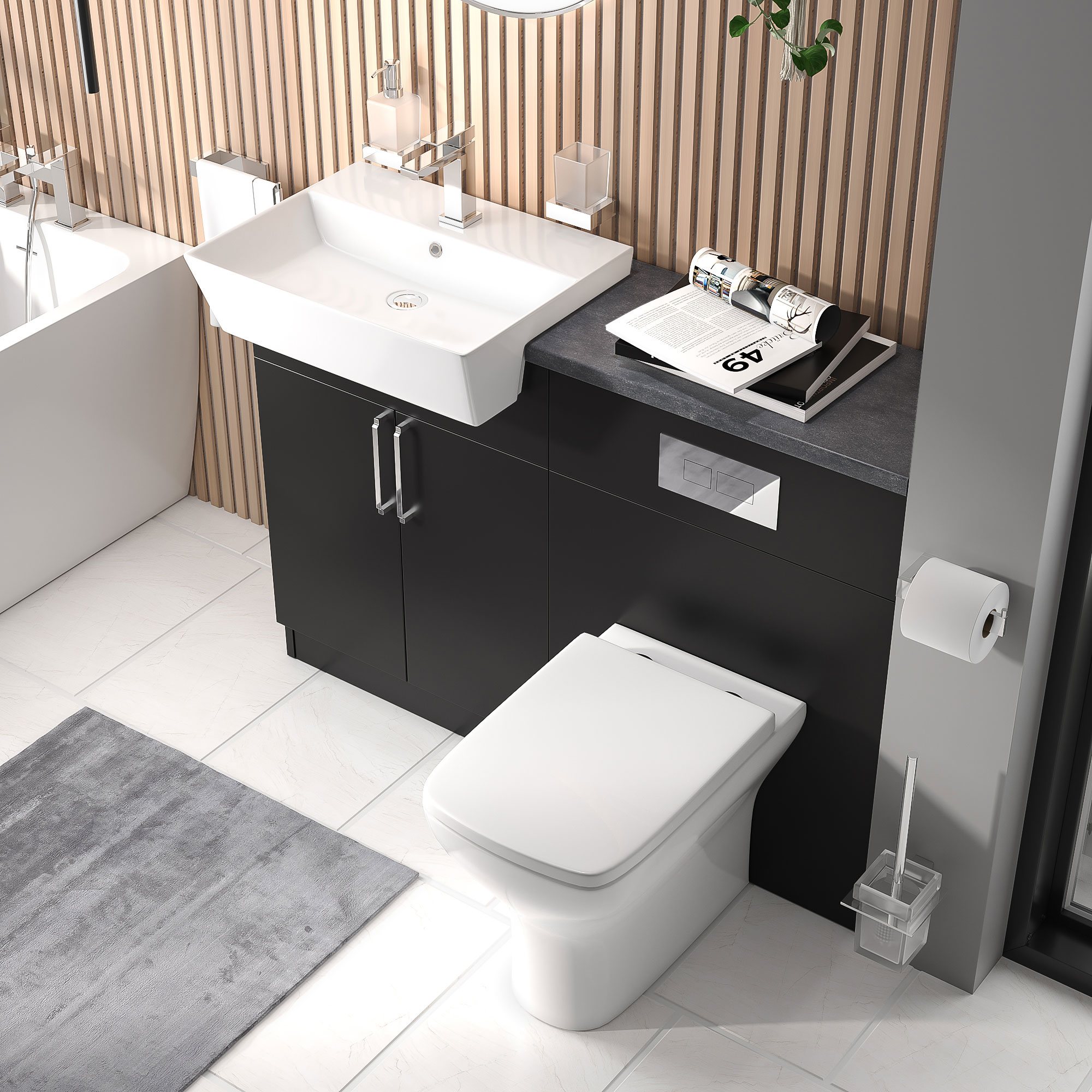Oliver Matt Black Fitted Suite | Slate Grey Countertop | Chrome Handles, Basin Tap & Waste
