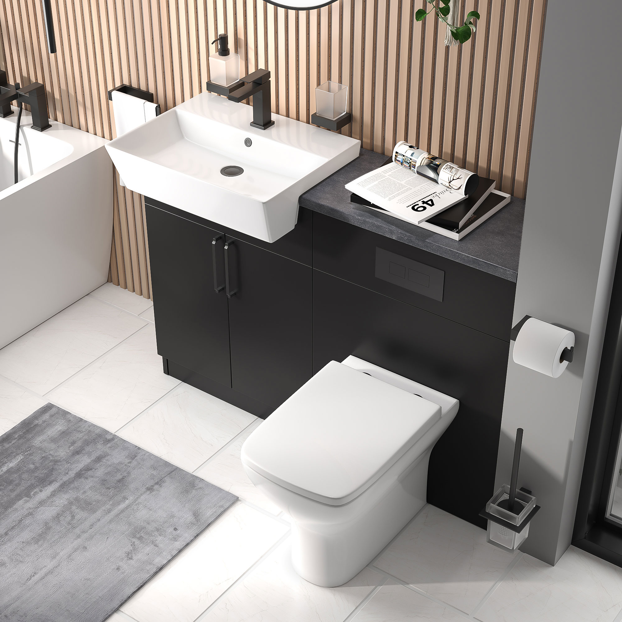 Oliver Matt Black Fitted Suite | Slate Grey Countertop | Black Handles, Basin Tap & Waste