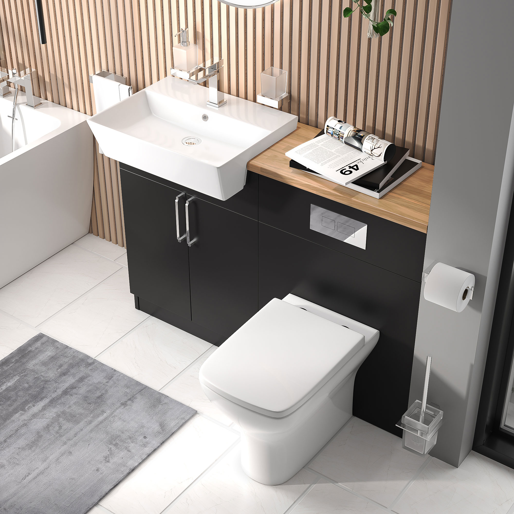 Oliver Matt Black Fitted Suite | Solid Oak Worktop | Chrome Handles, Basin Tap & Waste