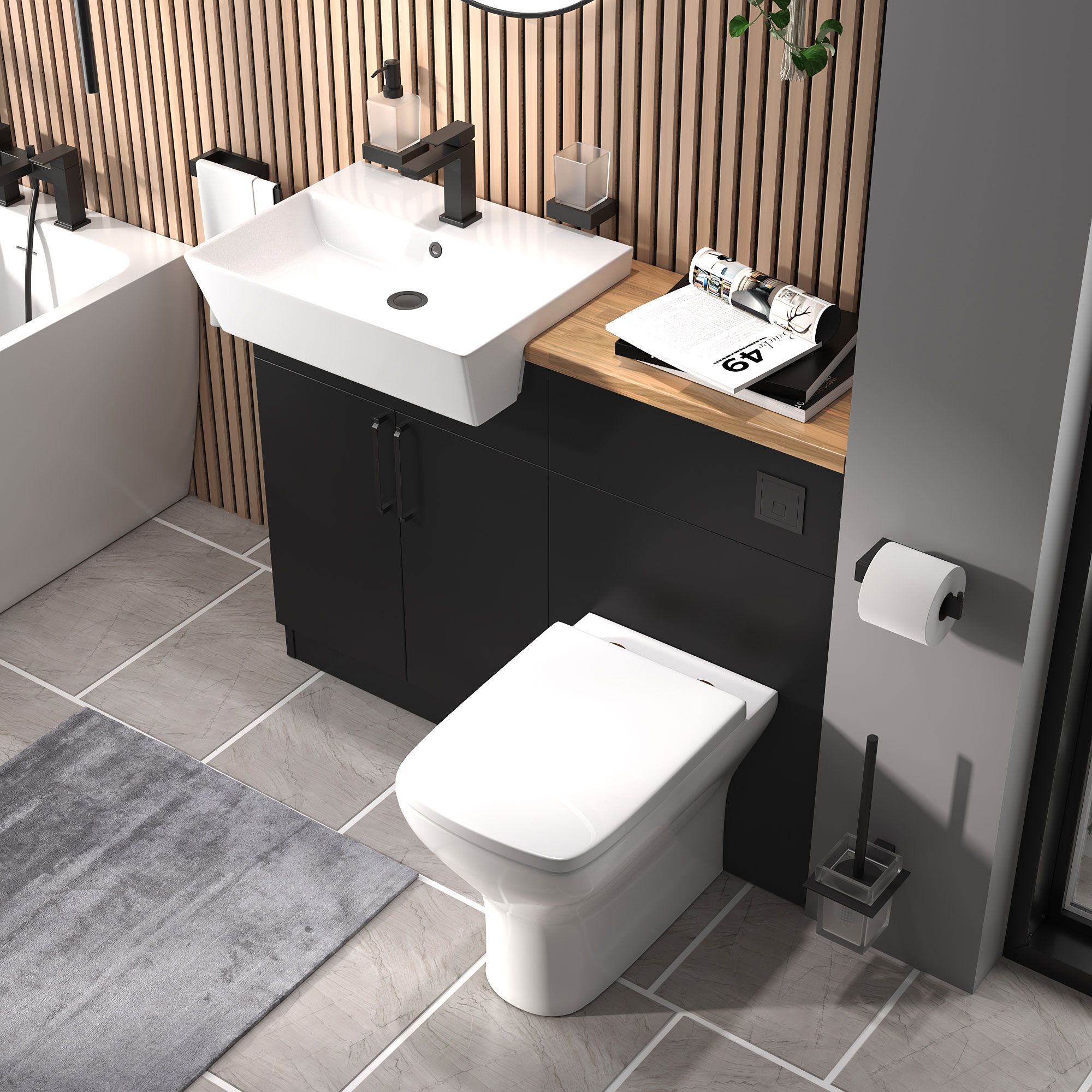 Oliver Matt Black Fitted Suite | Solid Oak Worktop | Black Handles, Basin Tap & Waste