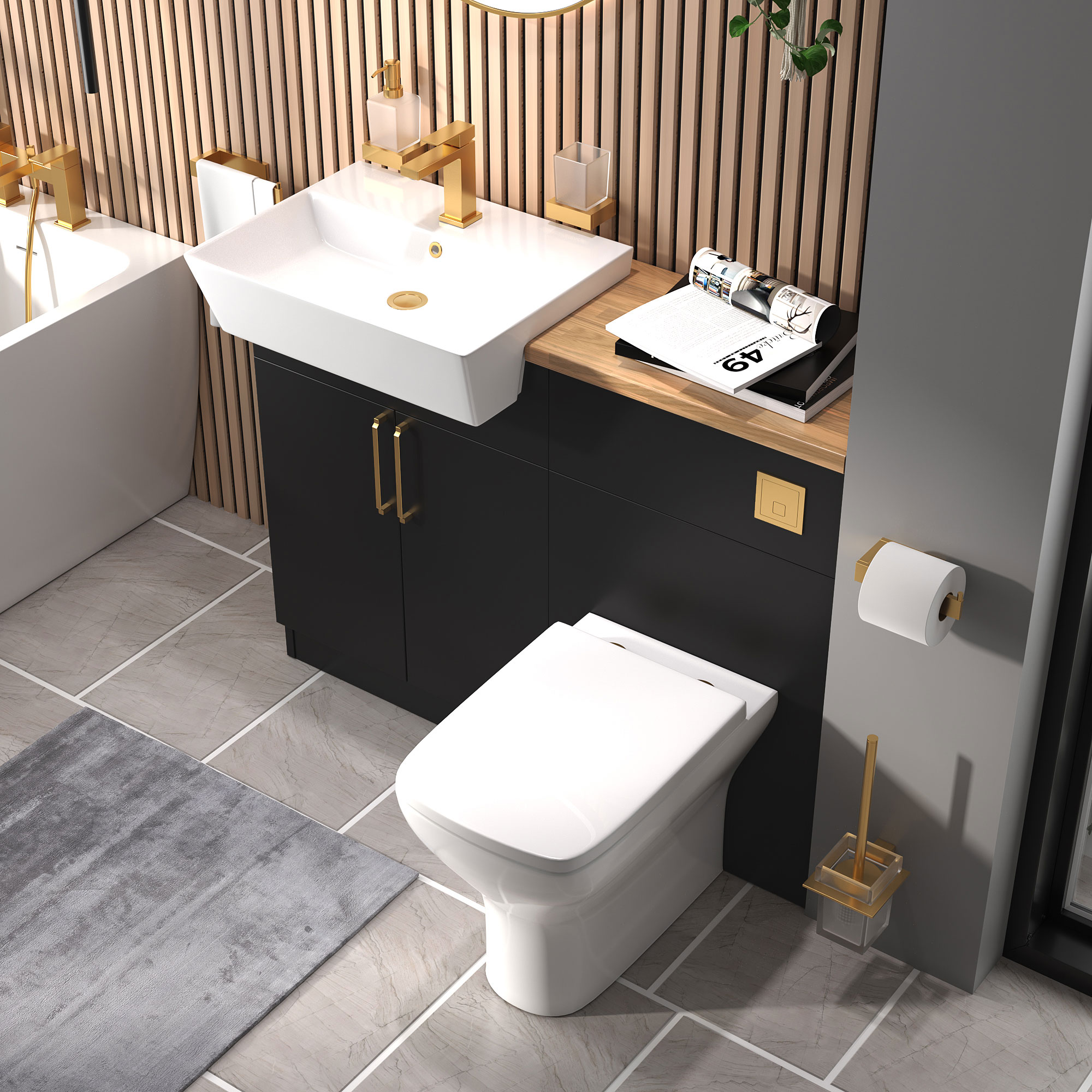 Oliver Matt Black Fitted Suite | Solid Oak Worktop | Gold Handles, Basin Tap & Waste