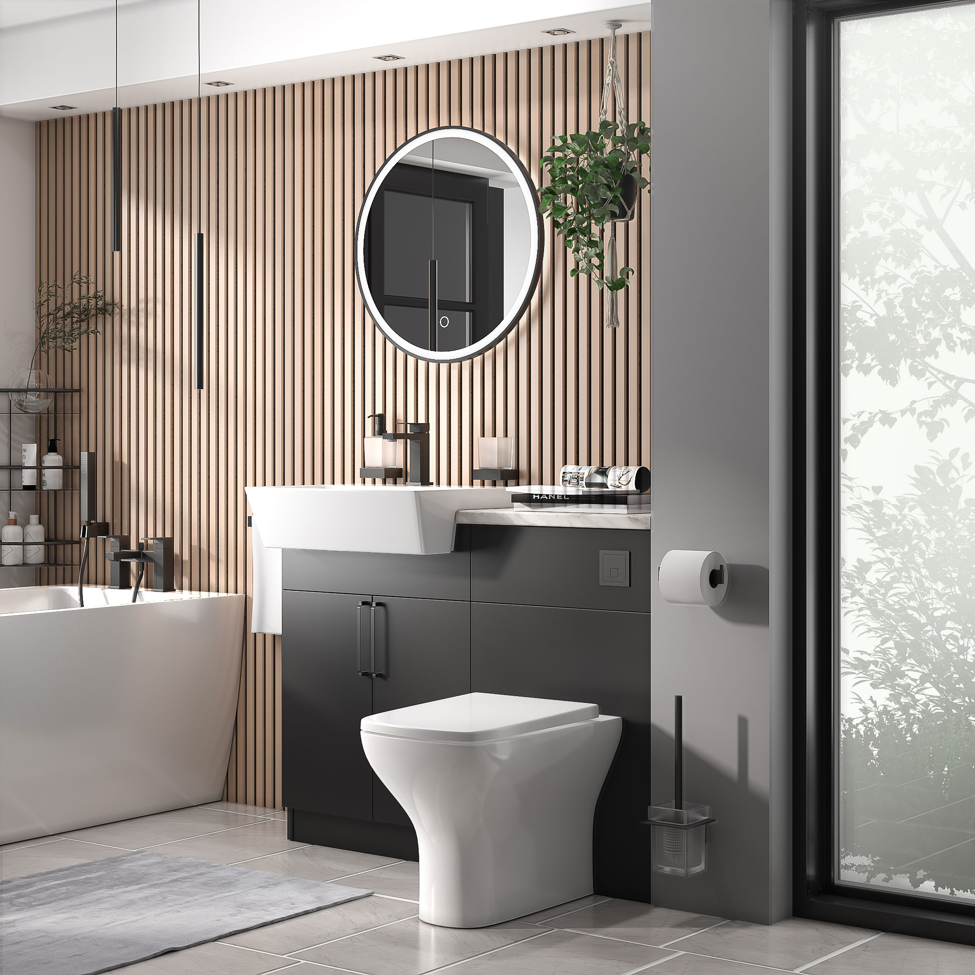 Oliver Matt Black Fitted Suite | White Marble Countertop | Black Handles, Basin Tap & Waste