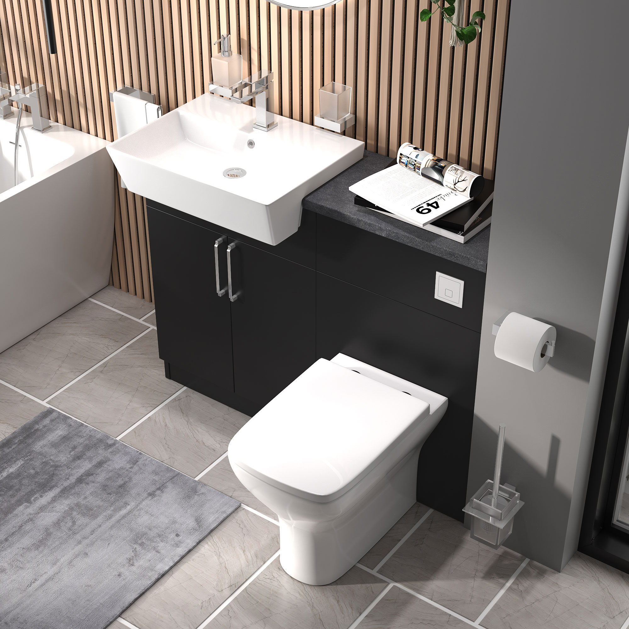 Oliver Matt Black Fitted Suite | Slate Grey Countertop | Chrome Handles, Basin Tap & Waste
