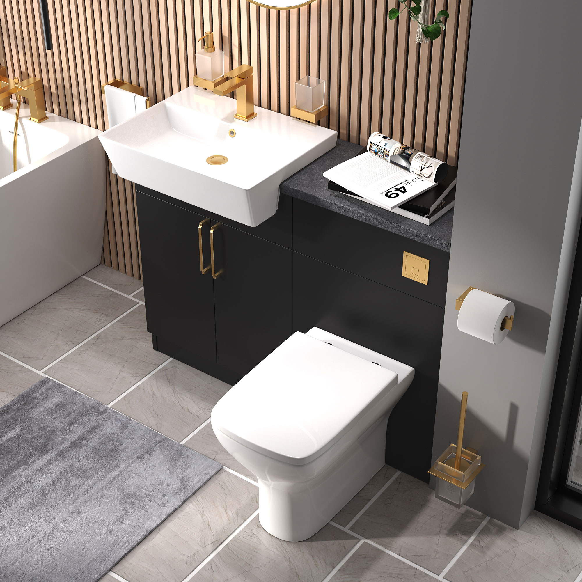 Oliver Matt Black Fitted Suite | Slate Grey Countertop | Gold Handles, Basin Tap & Waste