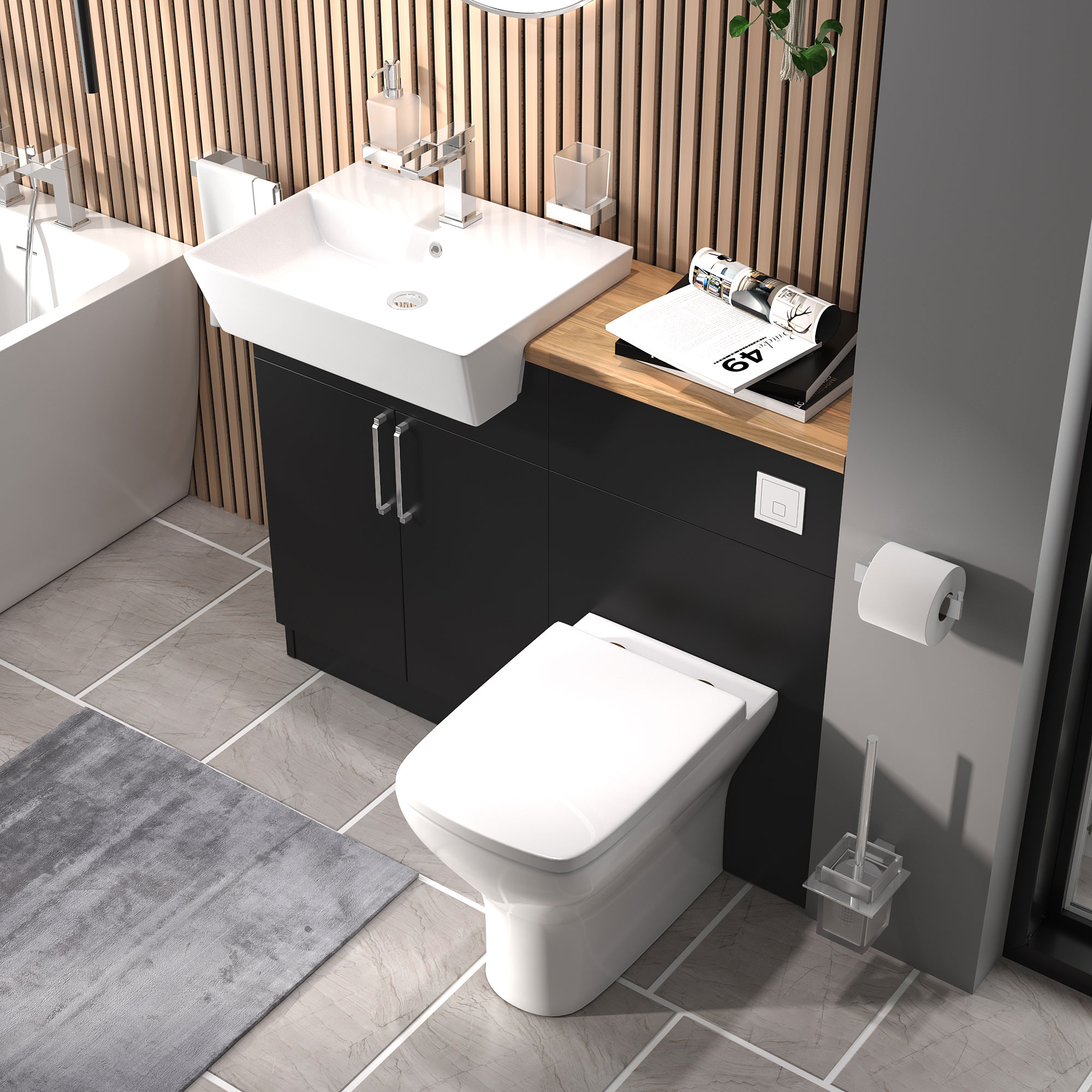 Oliver Matt Black Fitted Suite | Solid Oak Worktop | Chrome Handles, Basin Tap & Waste